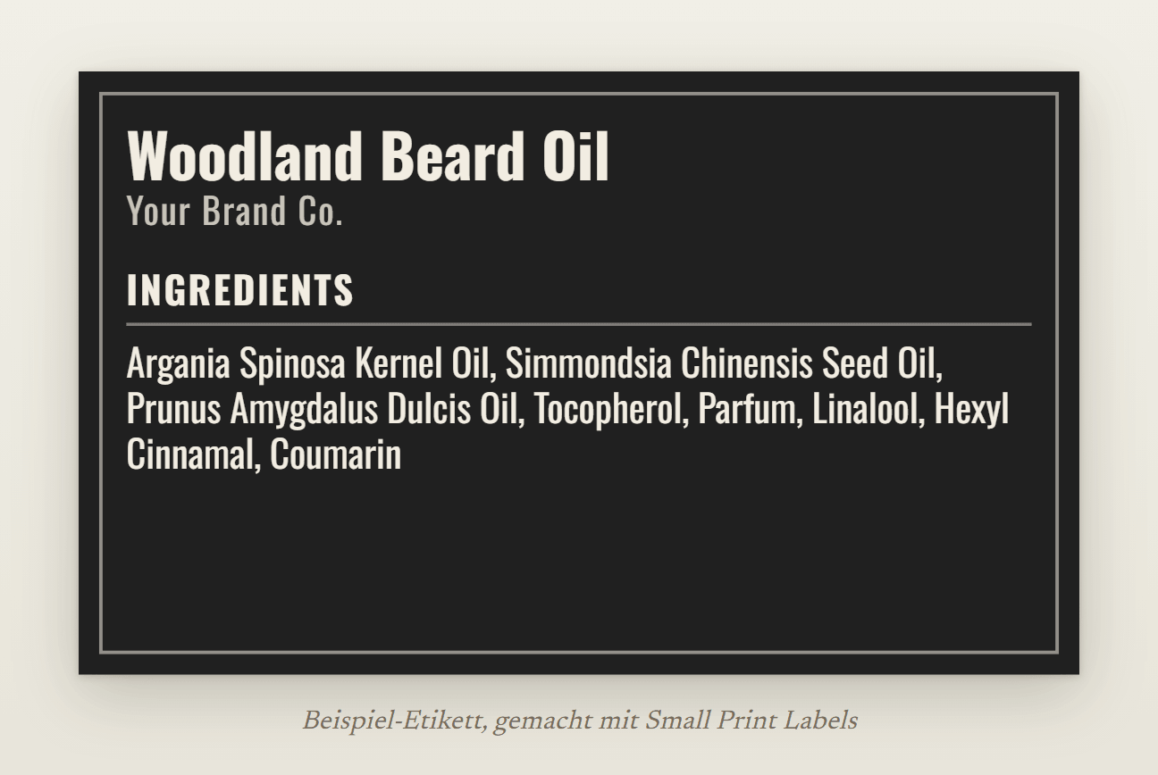 Beispiel-Etikett für ein Bartöl, cremefarbene Schrift auf Schwarz mit dünnem Rahmen: Woodland Beard Oil und seine INCI-Liste mit drei Duftstoff-Allergenen, 63 × 38 mm
