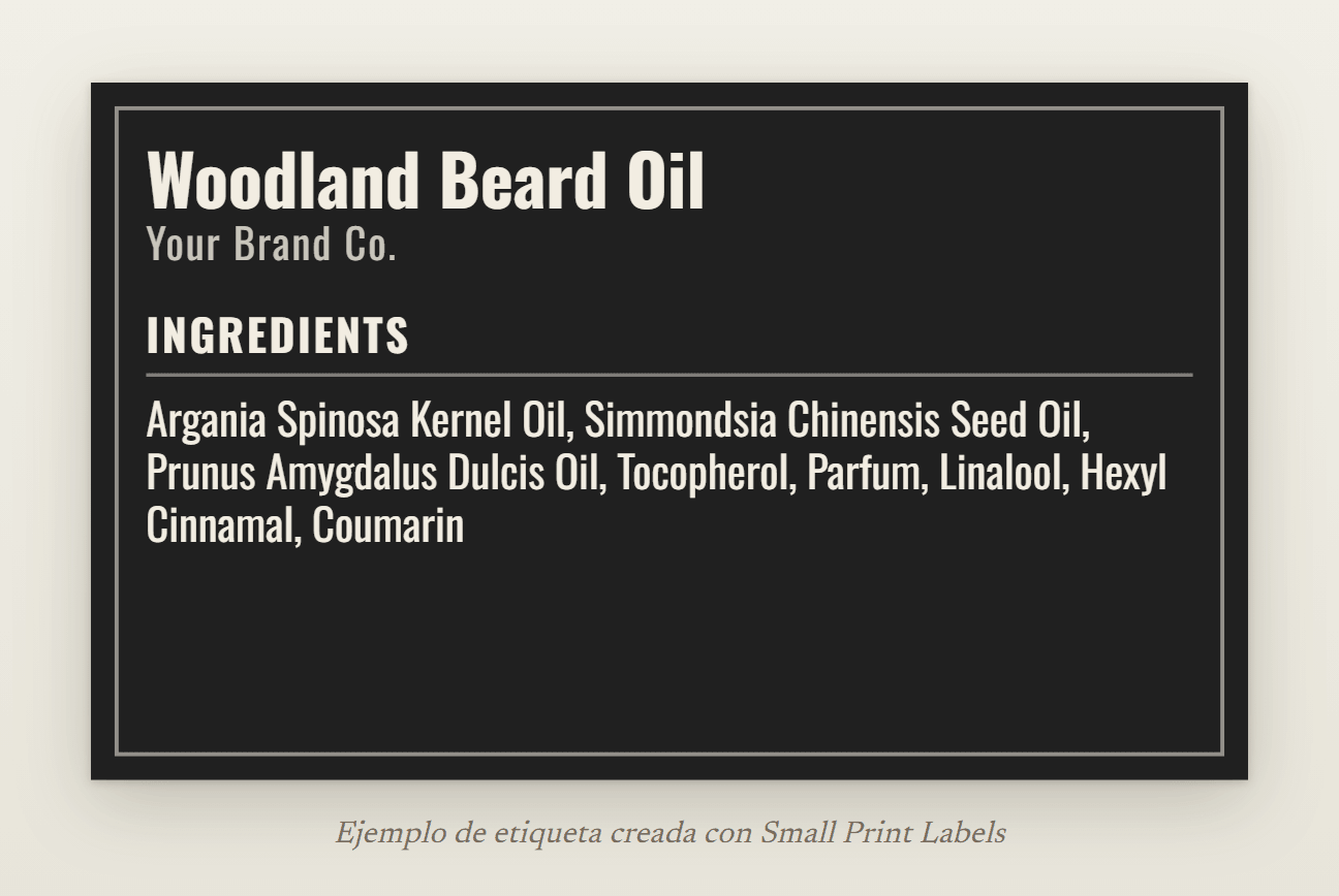 Ejemplo de etiqueta para aceite de barba, letras color crema sobre negro con un marco fino: Woodland Beard Oil y su lista INCI con tres alérgenos de fragancias, 63 × 38 mm
