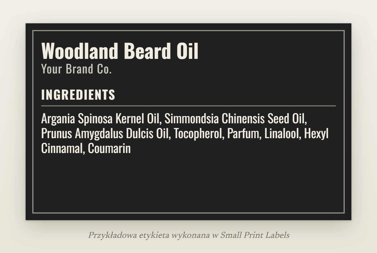 Przykład etykiety olejku do brody, kremowe litery na czerni z cienką ramką: Woodland Beard Oil i wykaz INCI z trzema alergenami zapachowymi, 63 × 38 mm