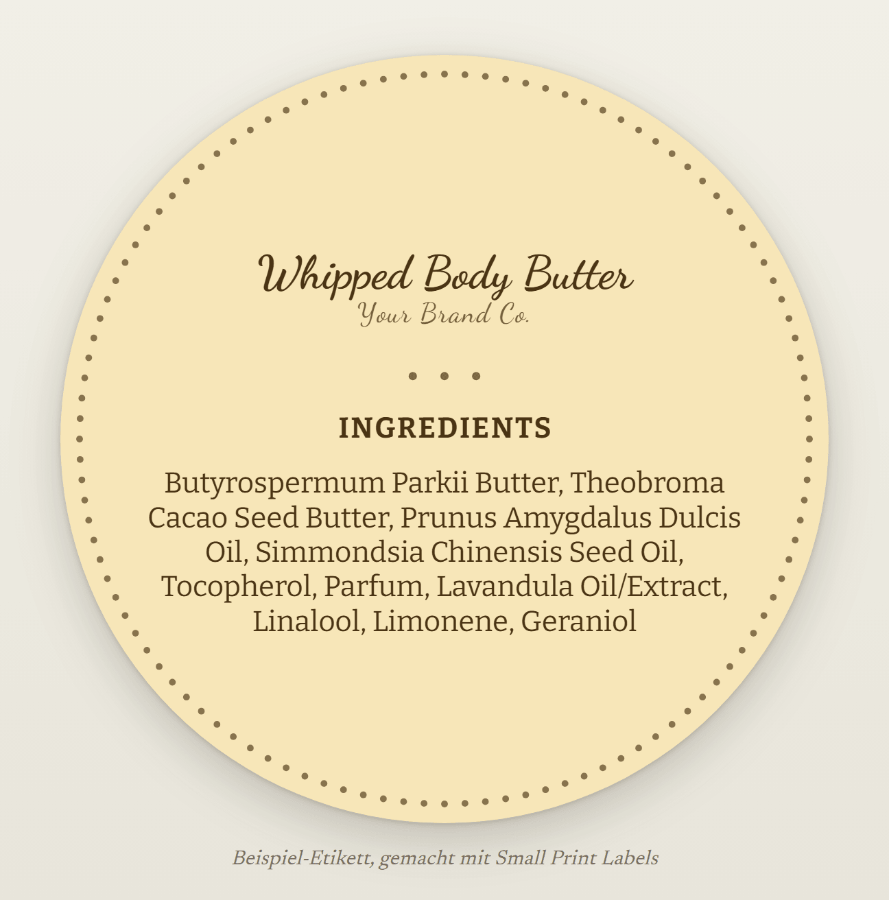 Beispiel-Etikett für den runden Deckel einer Körperbutter, honiggelb mit Perlenrahmen: Whipped Body Butter und ihre INCI-Liste mit den Lavendel-Allergenen, 64 mm rund
