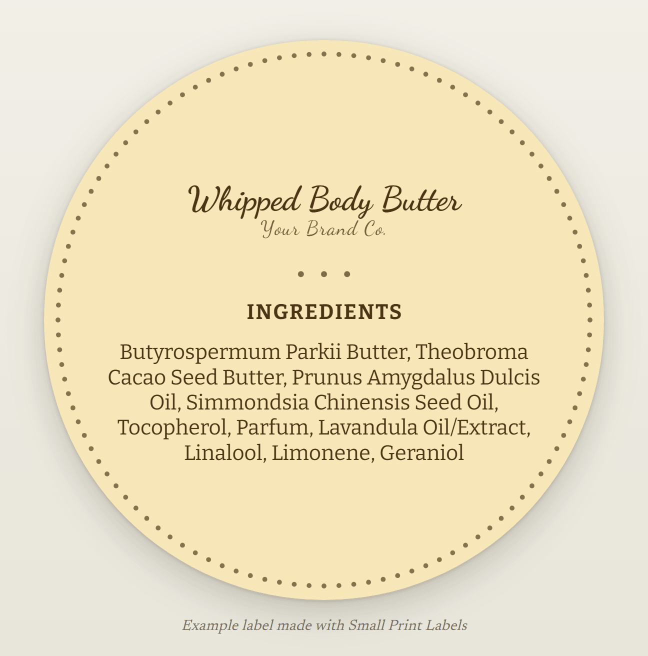 Example round body butter lid label in honey yellow with a beaded border: Whipped Body Butter and its INCI list with the lavender allergens, 64 mm round