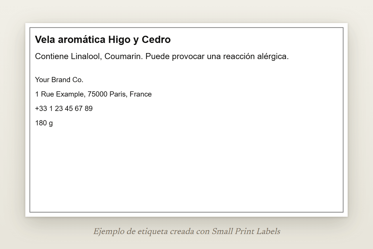 Ejemplo de etiqueta de vela sin pictograma: Vela aromática Higo y Cedro, la línea EUH208 que indica Linalool y Coumarin, y el nombre, la dirección y el teléfono del proveedor, 100 × 60 mm