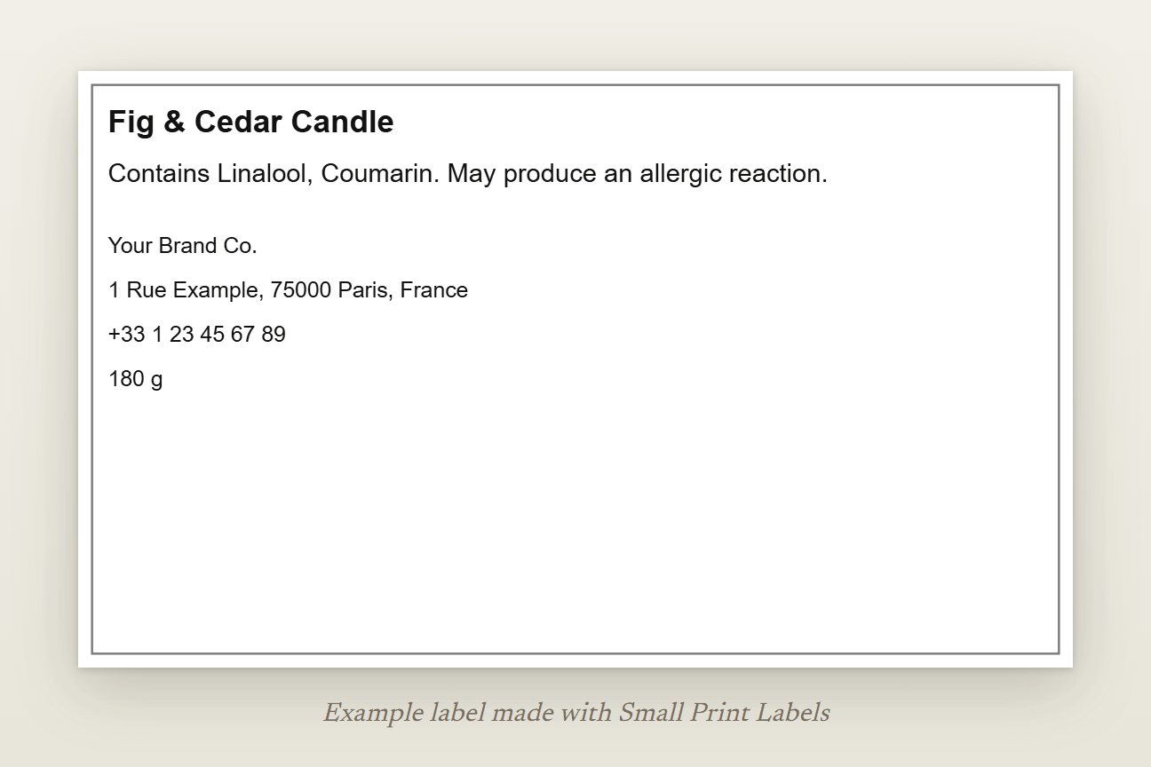 Example candle label with no pictogram: Fig & Cedar Candle, the EUH208 line naming linalool and coumarin, and the supplier's name, address and phone, 100 × 60 mm