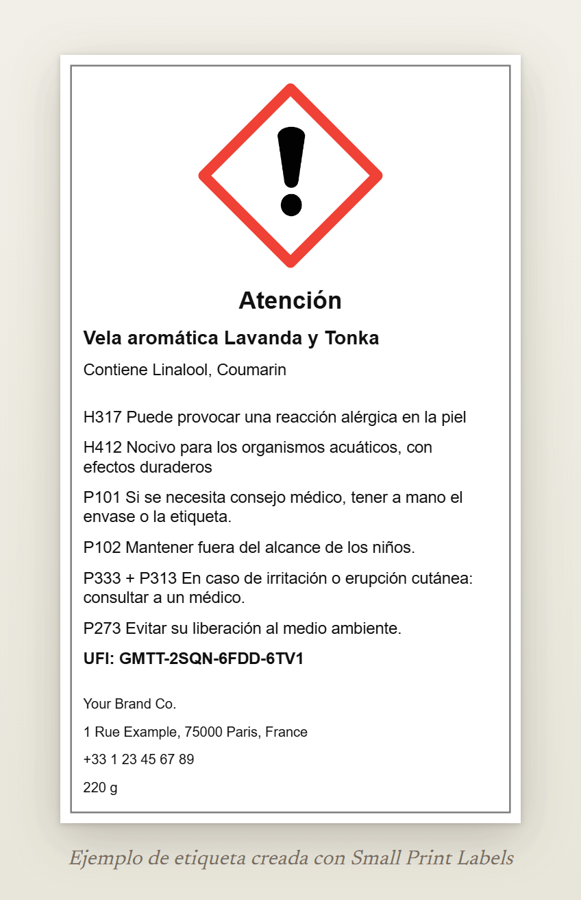 Ejemplo de etiqueta para vela con el signo de exclamación GHS07 y la palabra de advertencia Atención: Vela aromática Lavanda y Tonka, Contiene Linalool, Coumarin, H317 y H412, cuatro consejos de prudencia, un UFI y los datos del proveedor, 60 × 100 mm