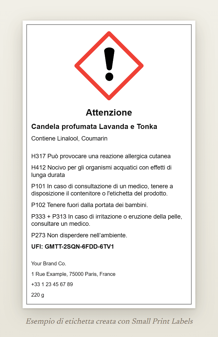 Esempio di etichetta per candela con il punto esclamativo GHS07 e l'avvertenza Attenzione: Candela profumata Lavanda e Tonka, Contiene Linalool, Coumarin, H317 e H412, quattro consigli di prudenza, un UFI e i dati del fornitore, 60 × 100 mm