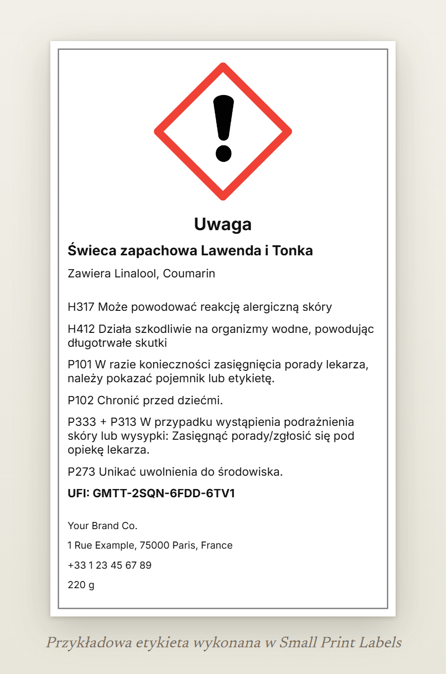 Przykład etykiety świecy z piktogramem GHS07 (wykrzyknik) i hasłem ostrzegawczym „Uwaga”: Świeca zapachowa Lawenda i Tonka, Zawiera Linalool, Coumarin, H317 i H412, cztery zwroty wskazujące środki ostrożności, UFI i dane dostawcy, 60 × 100 mm
