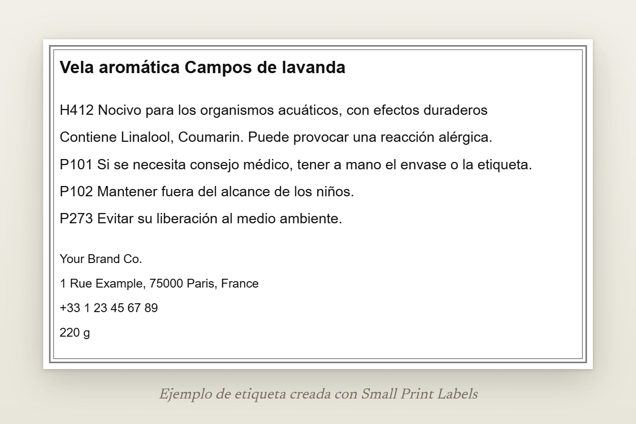 Ejemplo de etiqueta de vela sin pictograma: Vela aromática Campos de lavanda, H412 nocivo para los organismos acuáticos, la línea EUH208, tres consejos de prudencia y los datos del proveedor, 100 × 60 mm