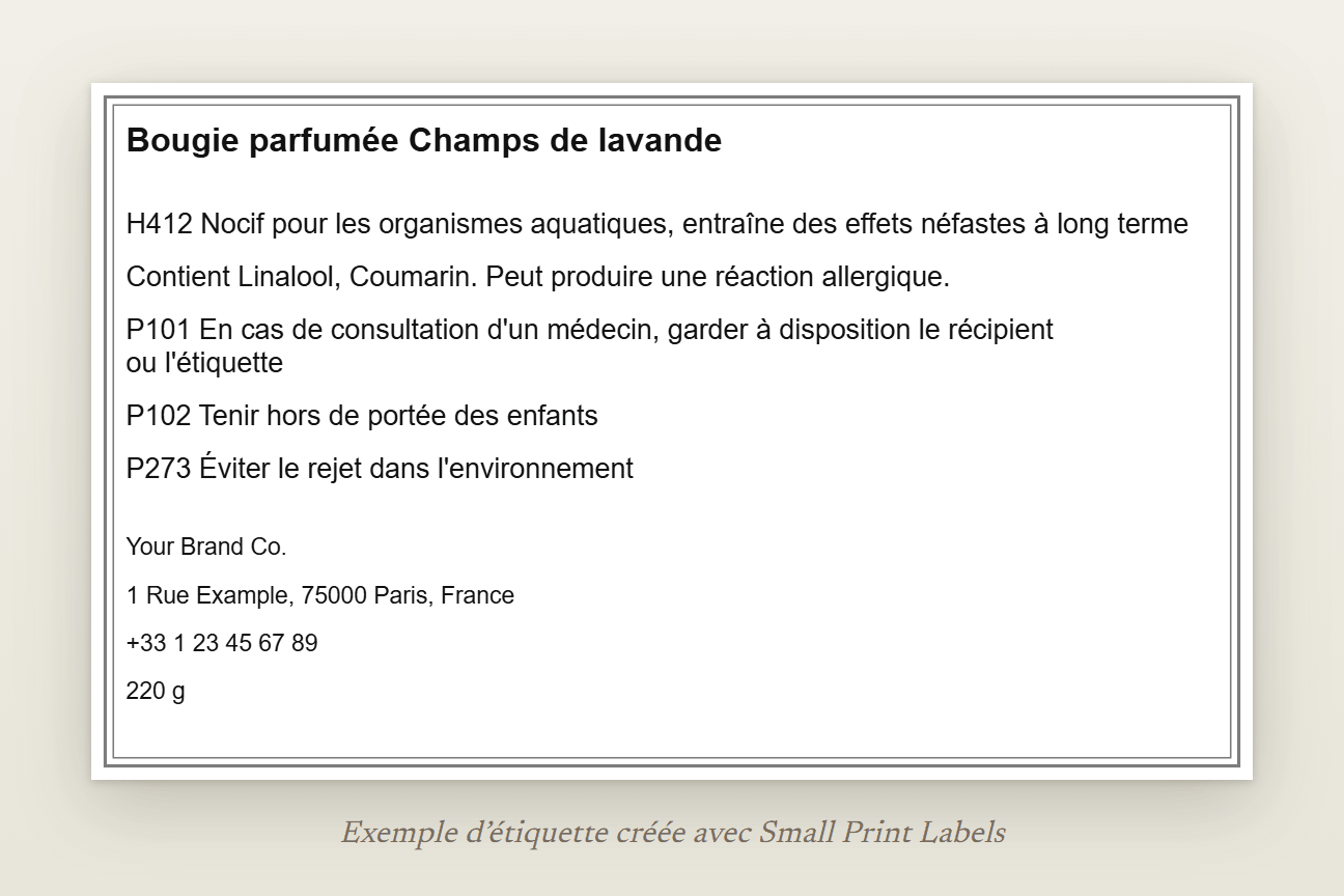 Exemple d'étiquette de bougie sans pictogramme : Bougie parfumée Champs de lavande, H412 nocif pour les organismes aquatiques, la ligne EUH208, trois conseils de prudence et les coordonnées du fournisseur, 100 × 60 mm