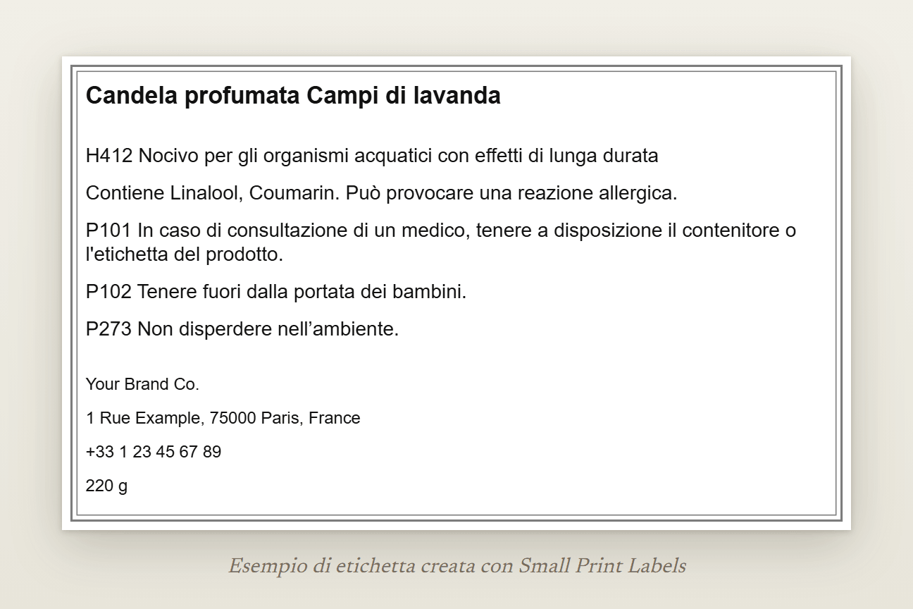 Esempio di etichetta per candela senza pittogramma: Candela profumata Campi di lavanda, H412 nocivo per gli organismi acquatici, la riga EUH208, tre consigli di prudenza e i dati del fornitore, 100 × 60 mm