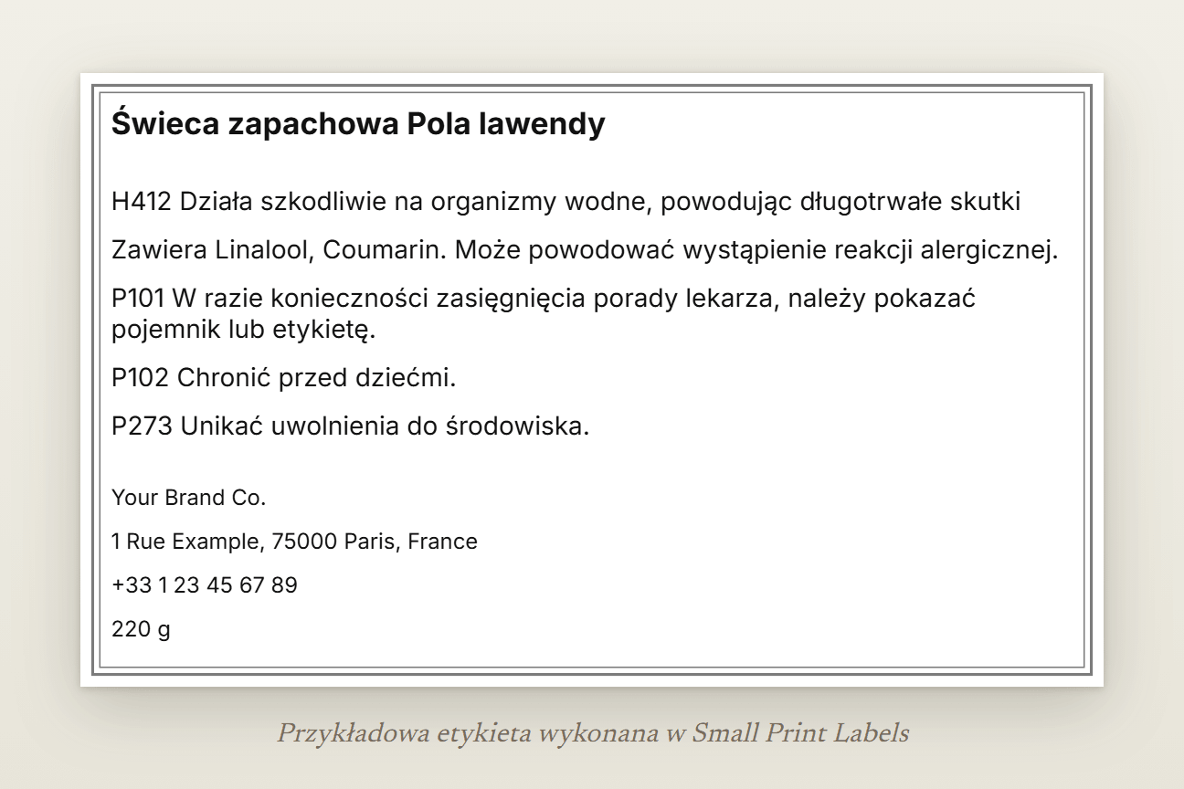 Przykładowa etykieta świecy bez piktogramu: „Świeca zapachowa Pola lawendy”, H412 (działa szkodliwie na organizmy wodne), wiersz EUH208, trzy zwroty wskazujące środki ostrożności i dane dostawcy, 100 × 60 mm