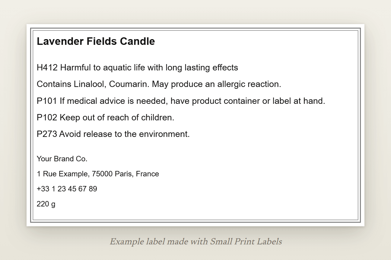 Example candle label with no pictogram: Lavender Fields Candle, H412 harmful to aquatic life, the EUH208 line, three precautionary statements and the supplier details, 100 × 60 mm
