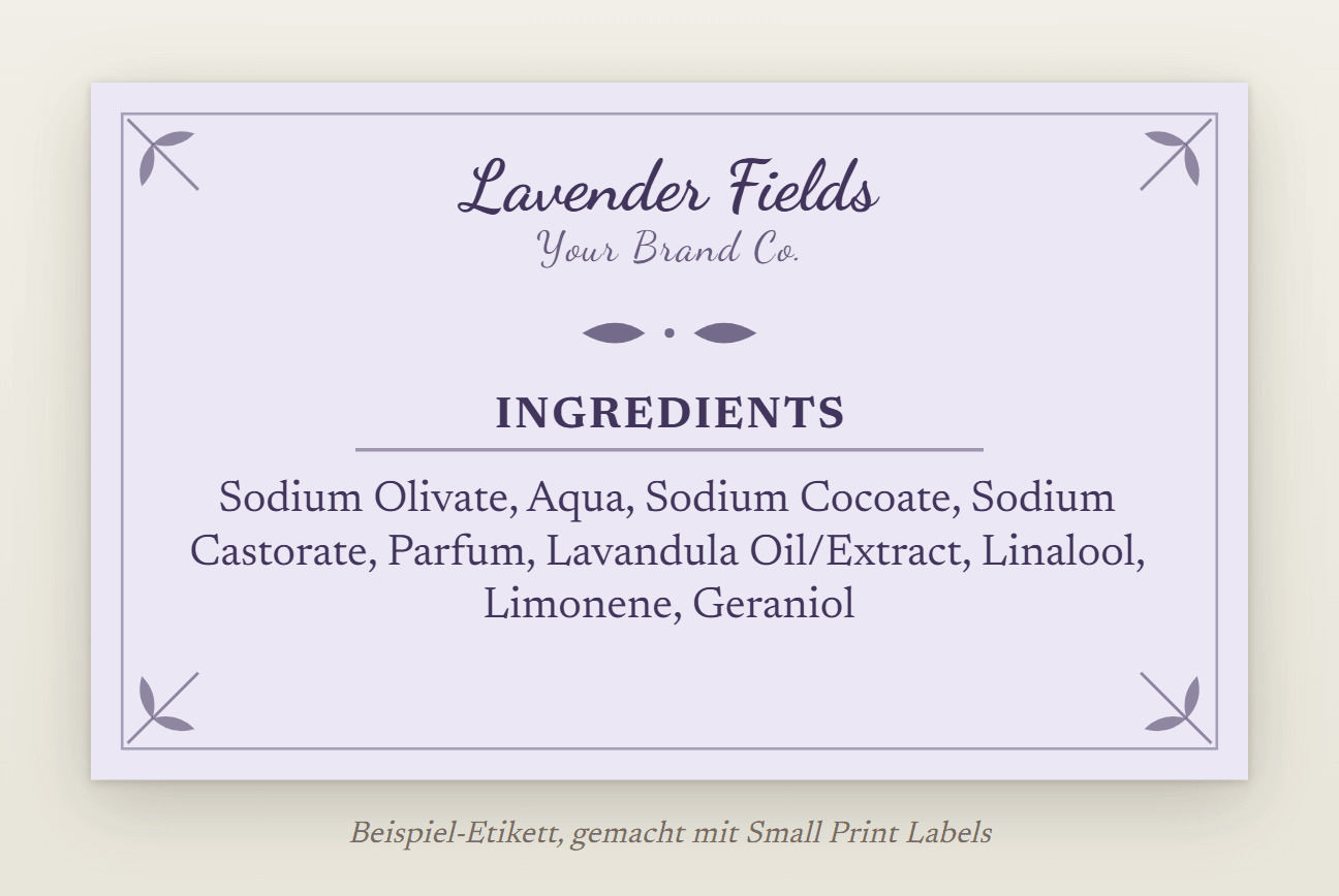Beispiel-Etikett für eine Seife in Lavendel mit Markenname in Schreibschrift: Lavender Fields und die INCI-Liste mit den Lavendel-Allergenen, 63 × 38 mm