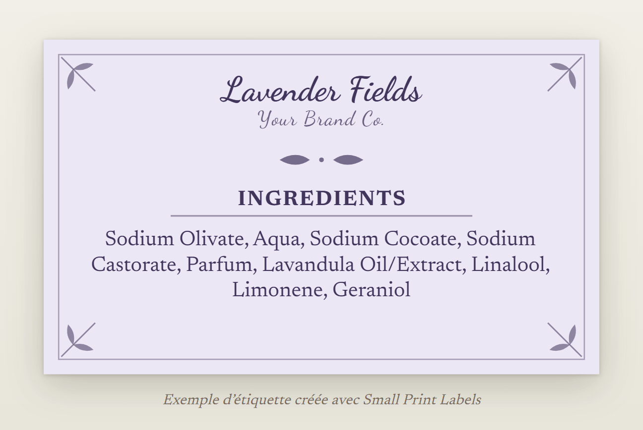 Exemple d'étiquette de savon couleur lavande avec un nom de marque en lettres cursives : savon Lavender Fields et sa liste des ingrédients INCI avec les allergènes de la lavande, 63 × 38 mm
