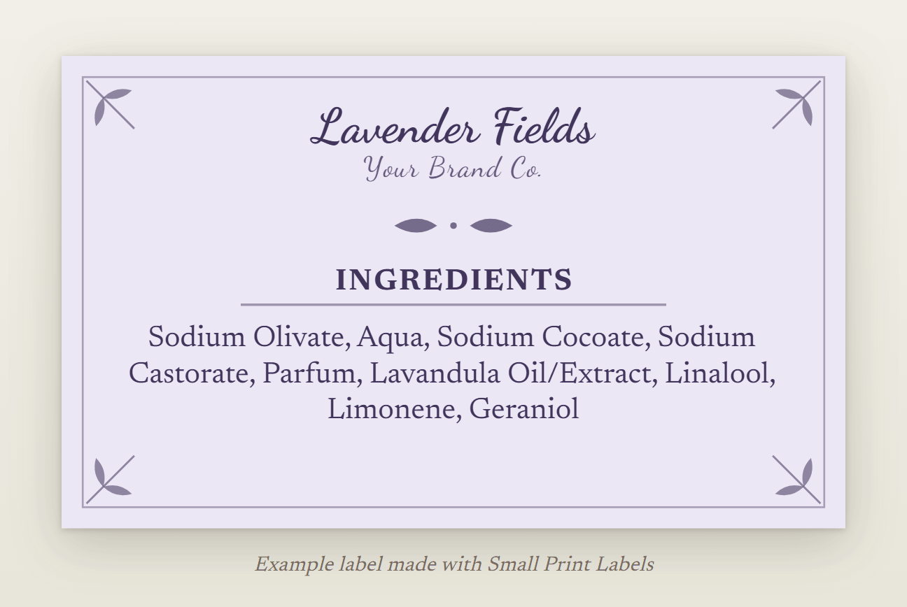 Example soap label in lavender with a script brand name: Lavender Fields soap and its INCI ingredient list with the lavender allergens, 63 × 38 mm