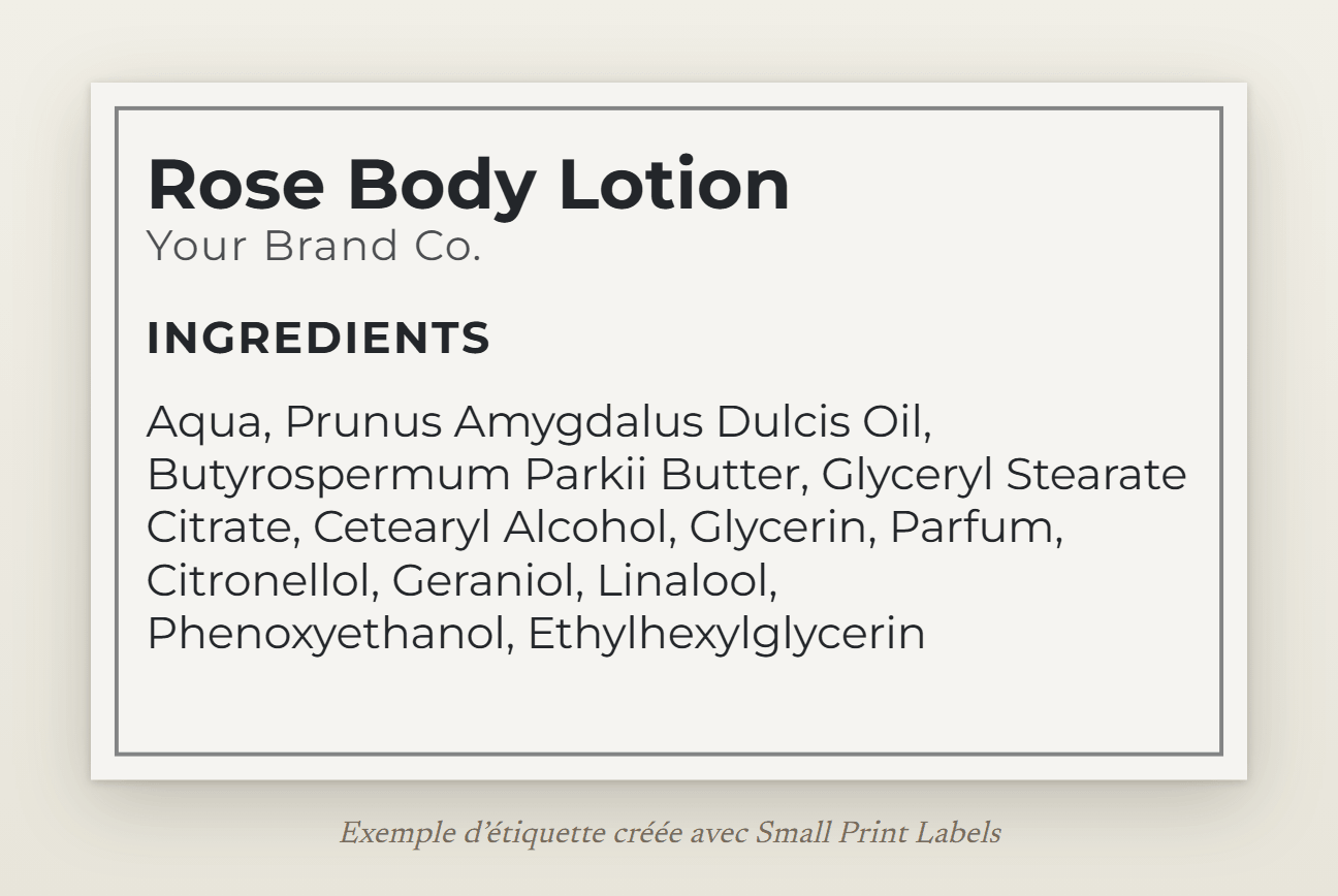 Exemple d'étiquette de lotion, blanc cassé avec un cadre fin : Rose Body Lotion et sa liste INCI complète avec le conservateur et les allergènes parfumants, 63 × 38 mm