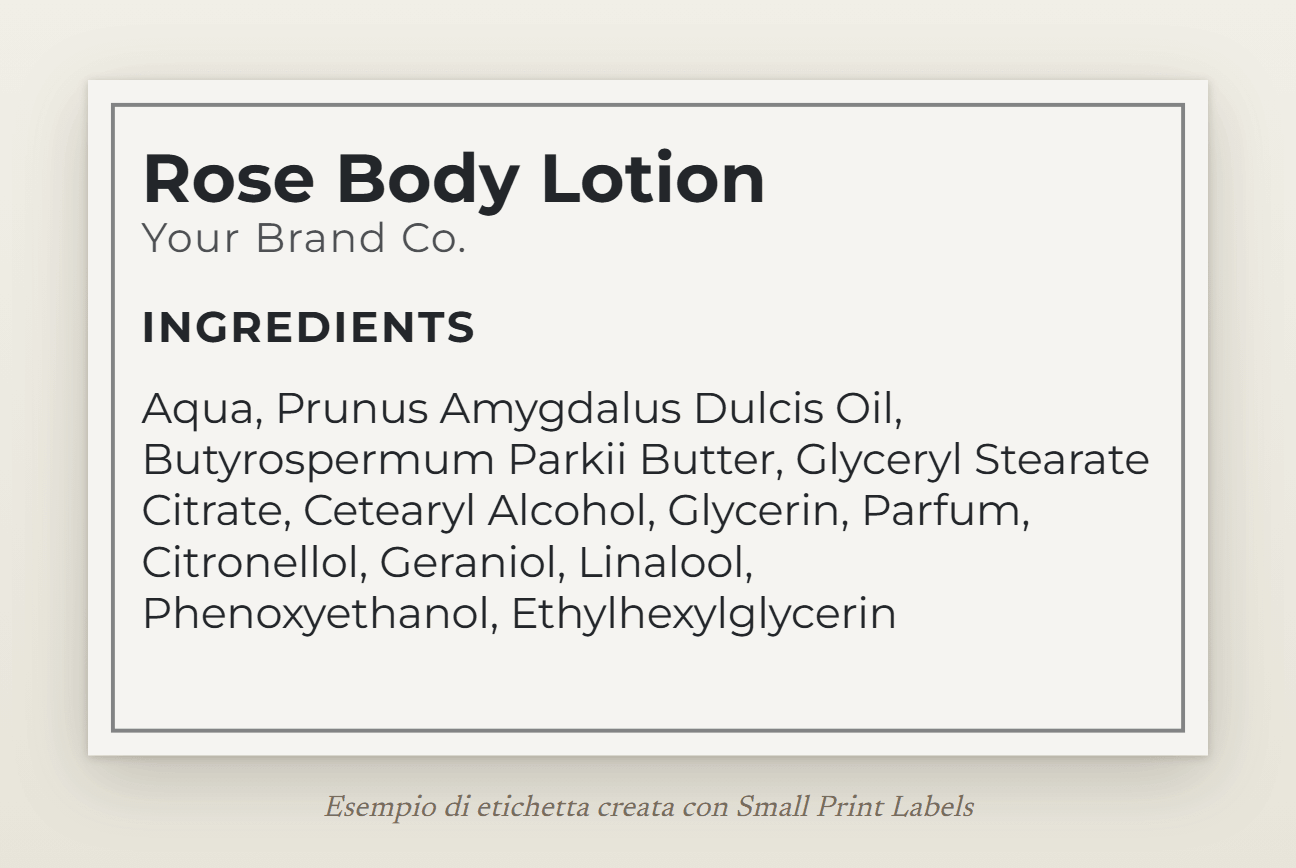 Esempio di etichetta per lozione, bianco sporco con una cornice sottile: Rose Body Lotion e il suo elenco INCI completo con il conservante e gli allergeni delle fragranze, 63 × 38 mm