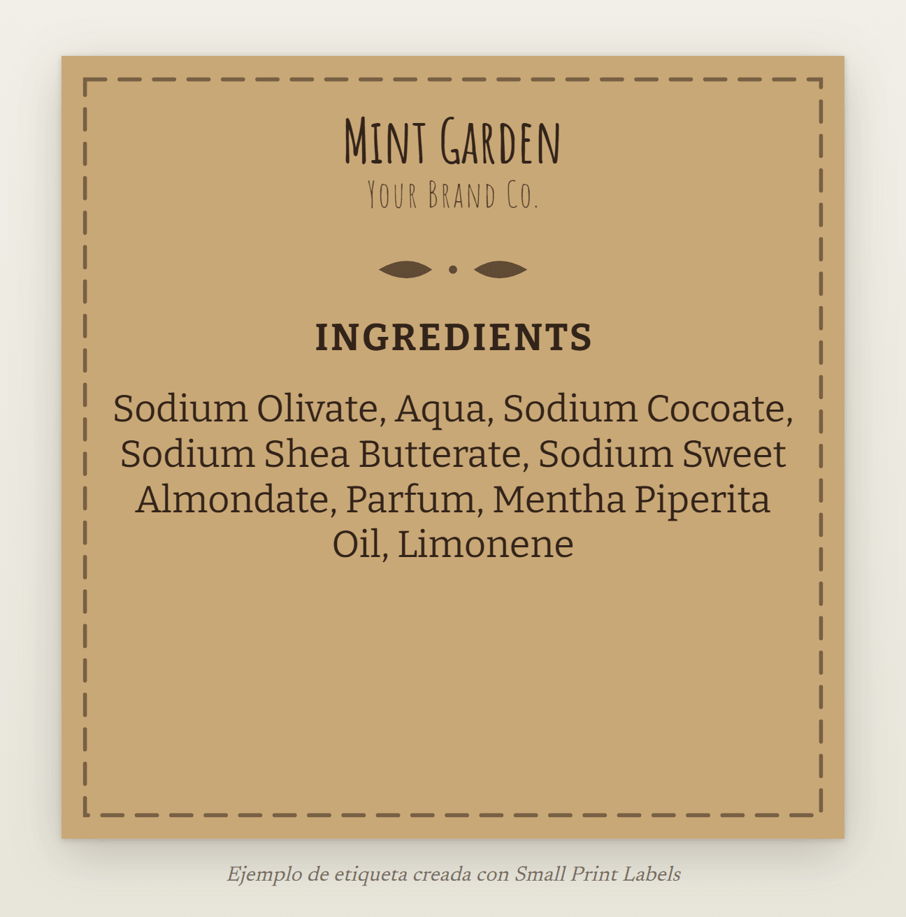 Ejemplo de etiqueta cuadrada para jabón, marrón kraft con un pespunte: jabón Mint Garden y su lista de ingredientes con el aceite de menta piperita, 50 × 50 mm