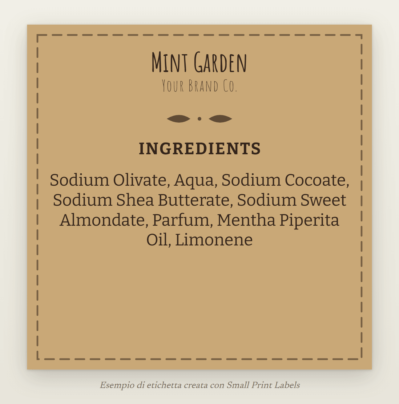 Esempio di etichetta quadrata per sapone, marrone kraft con una cornice cucita: sapone Mint Garden e il suo elenco degli ingredienti con l'olio di menta piperita, 50 × 50 mm