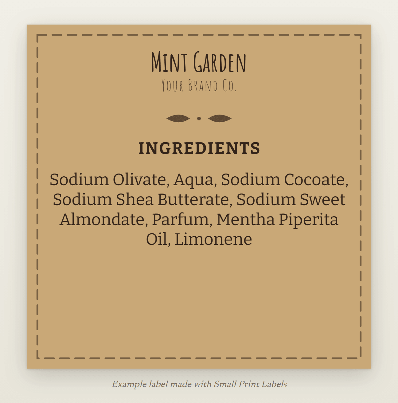 Example square soap label in kraft brown with a stitched border: Mint Garden soap and its ingredient list with the peppermint oil, 50 × 50 mm