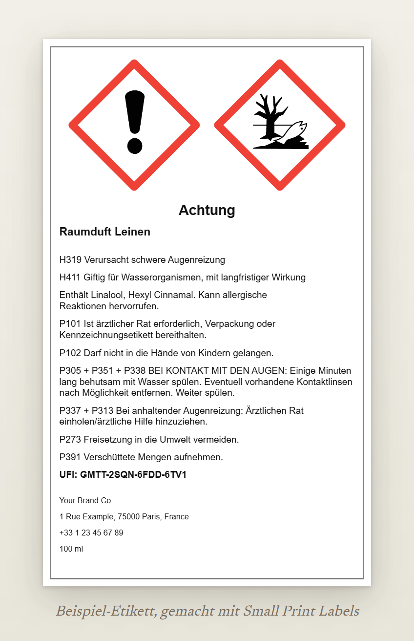Beispiel-Etikett einer Raumduftflasche mit den Piktogrammen GHS07 und GHS09 und dem Signalwort Achtung: Raumduft Leinen, H319 und H411, die EUH208-Zeile, sechs Sicherheitshinweise, ein UFI und die Angaben zum Lieferanten, 60 × 100 mm