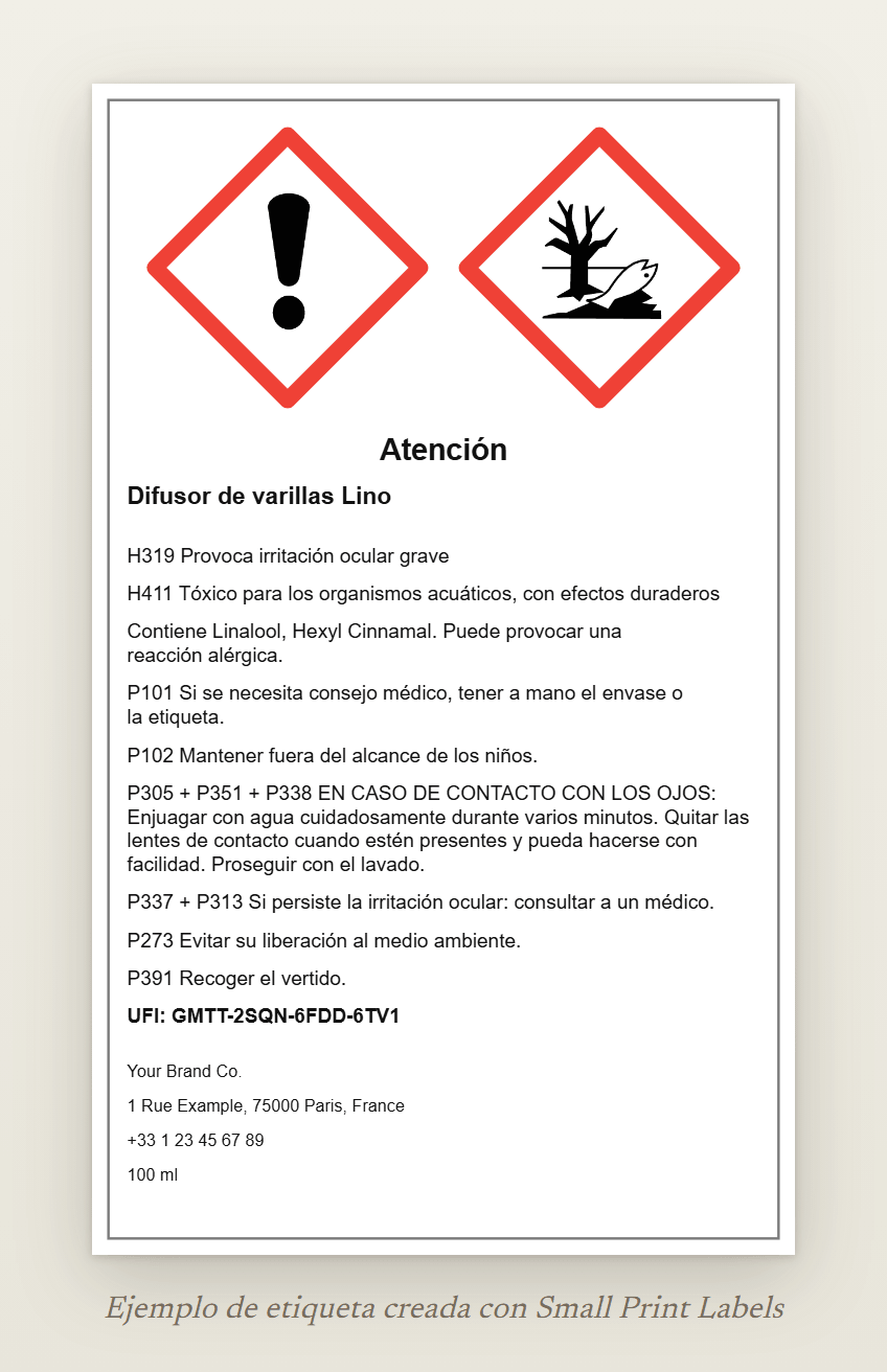 Ejemplo de etiqueta para el frasco de un difusor de varillas con los pictogramas GHS07 y GHS09 y la palabra de advertencia Atención: Difusor de varillas Lino, H319 y H411, la línea EUH208, seis consejos de prudencia, un UFI y los datos del proveedor, 60 × 100 mm