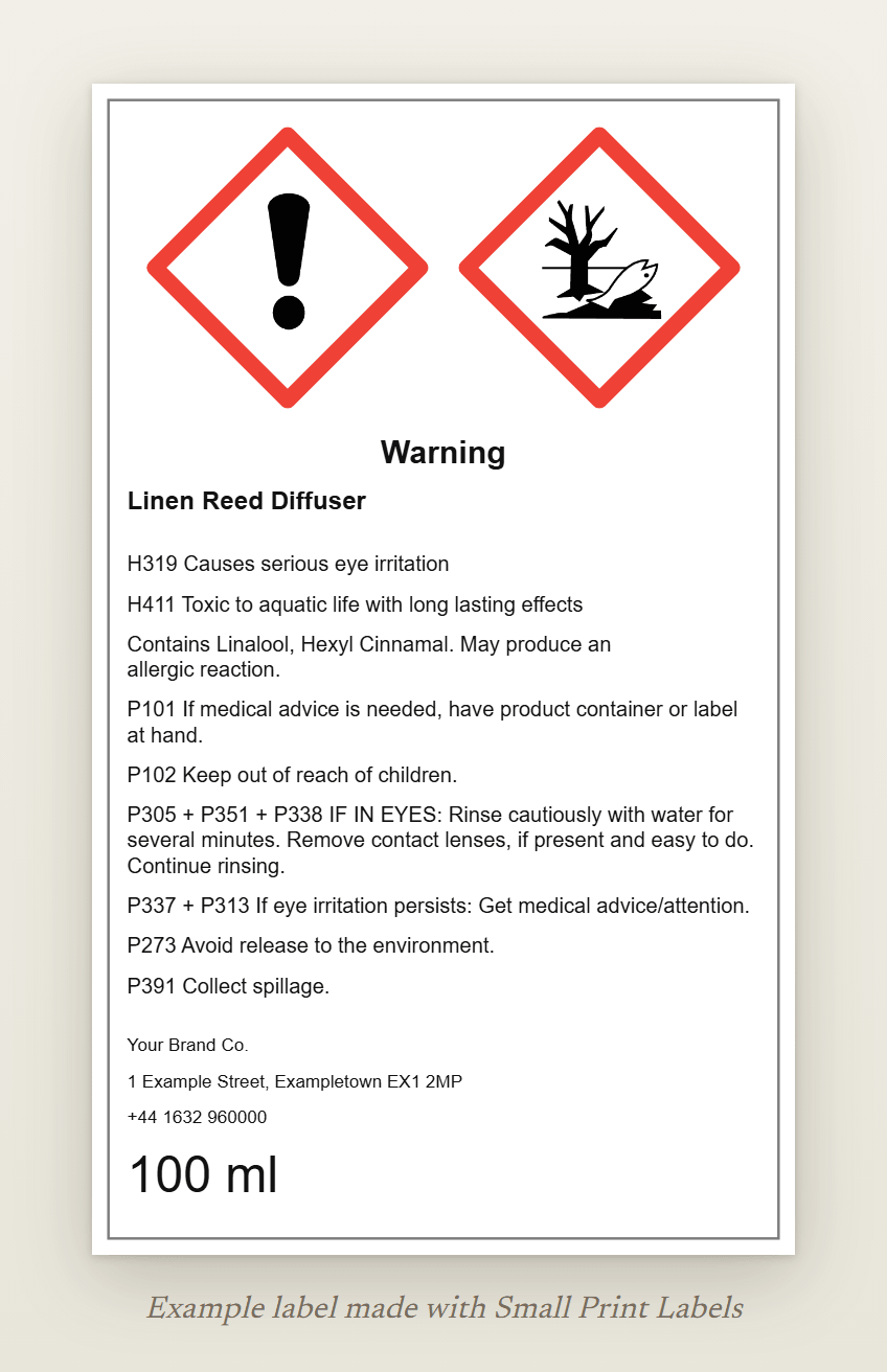Example UK reed diffuser bottle label with the GHS07 and GHS09 pictograms: the same Linen Reed Diffuser with a UK supplier and no UFI, 60 × 100 mm