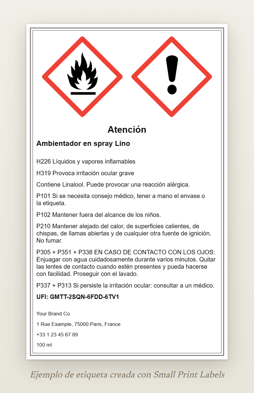 Ejemplo de etiqueta de un ambientador en spray de bomba con los pictogramas GHS02 (llama) y GHS07 y la palabra de advertencia Atención: Ambientador en spray Lino, H226 y H319, la línea EUH208, cinco consejos de prudencia, un UFI y los datos del proveedor, 60 × 100 mm