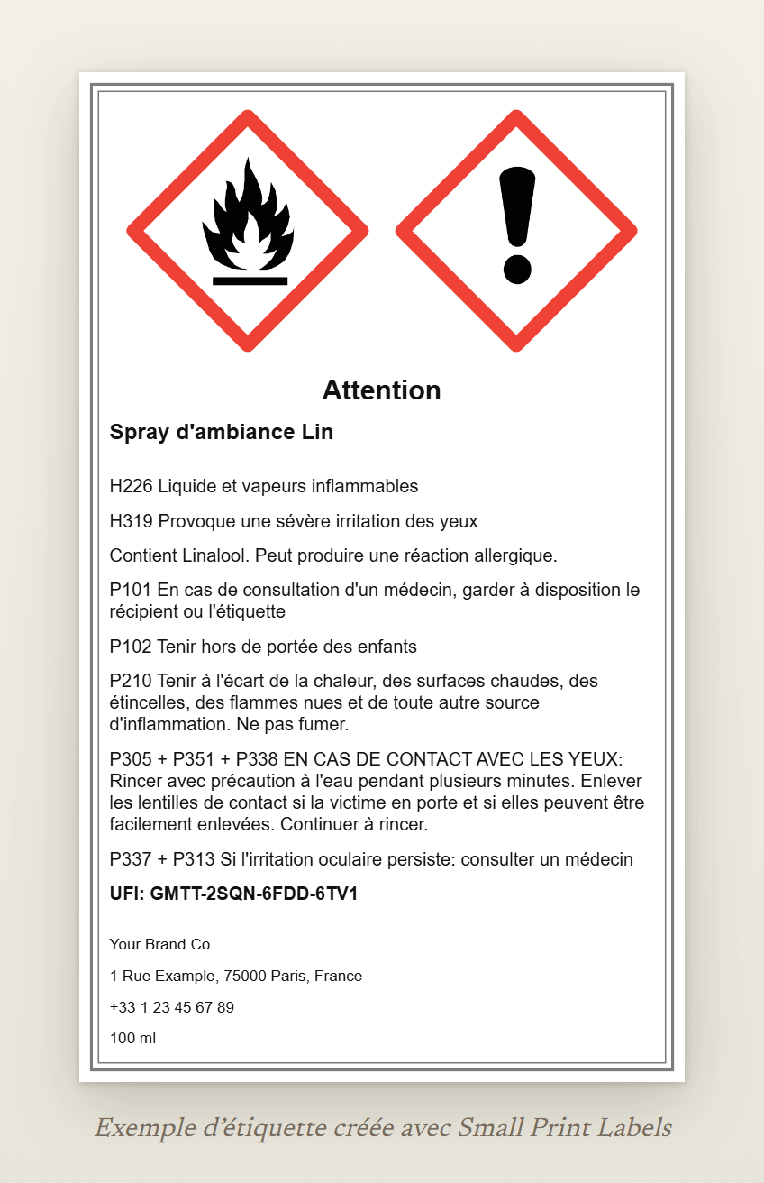 Exemple d'étiquette de spray d'ambiance à pompe avec les pictogrammes SGH02 (flamme) et SGH07, et la mention d'avertissement Attention : Spray d'ambiance Lin, H226 et H319, la ligne EUH208, cinq conseils de prudence, un UFI et les coordonnées du fournisseur, 60 × 100 mm