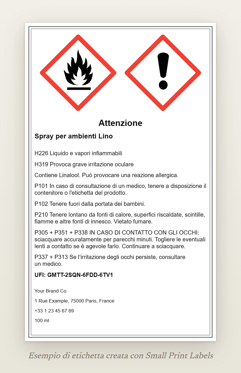 Esempio di etichetta per uno spray per ambienti a pompa con i pittogrammi GHS02 (fiamma) e GHS07 e l'avvertenza Attenzione: Spray per ambienti Lino, H226 e H319, la riga EUH208, cinque consigli di prudenza, un UFI e i dati del fornitore, 60 × 100 mm