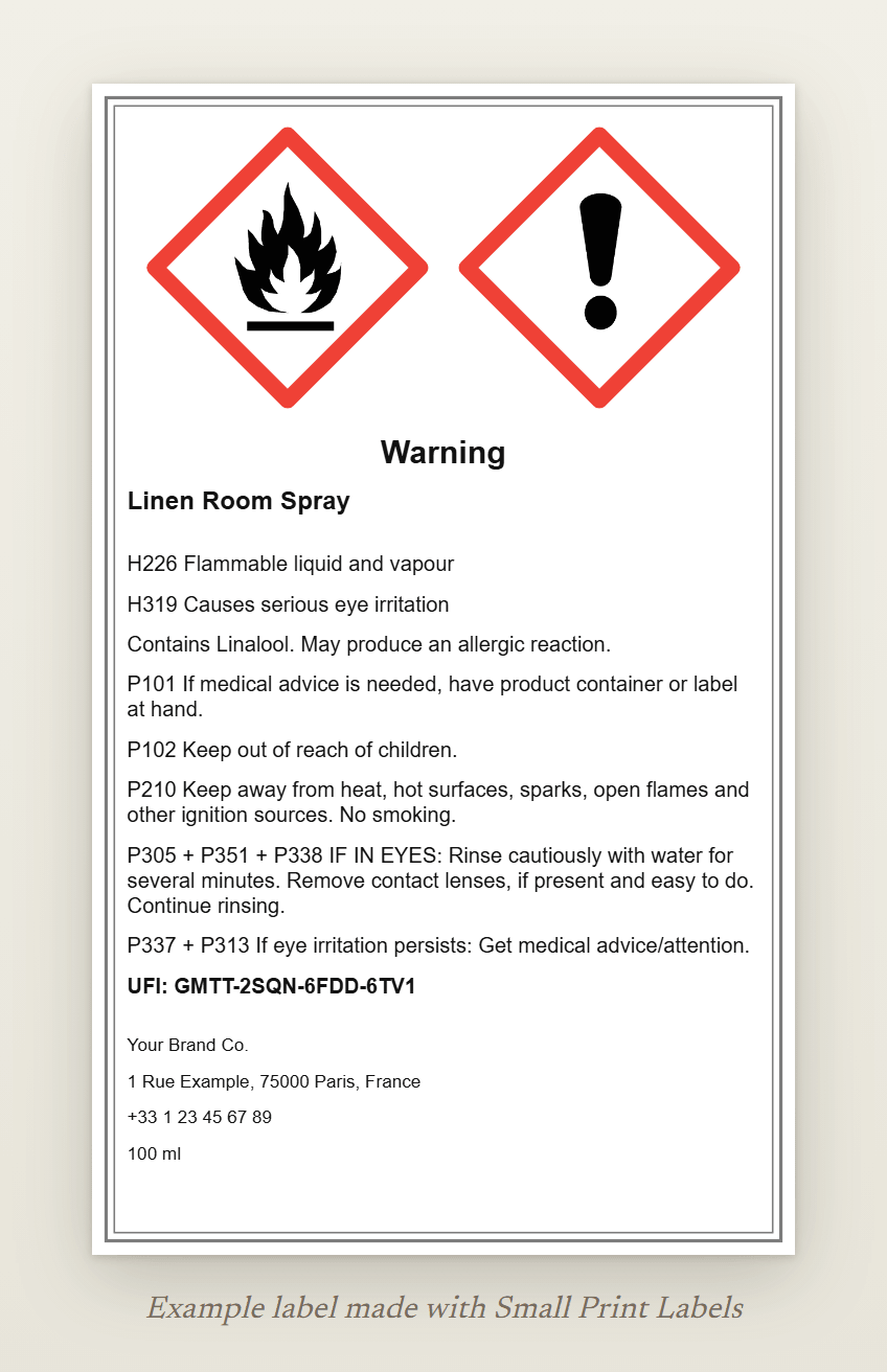 Example pump room spray label with the GHS02 flame and GHS07 pictograms and the signal word Warning: Linen Room Spray, H226 and H319, the EUH208 line, five precautionary statements, a UFI and the supplier details, 60 × 100 mm