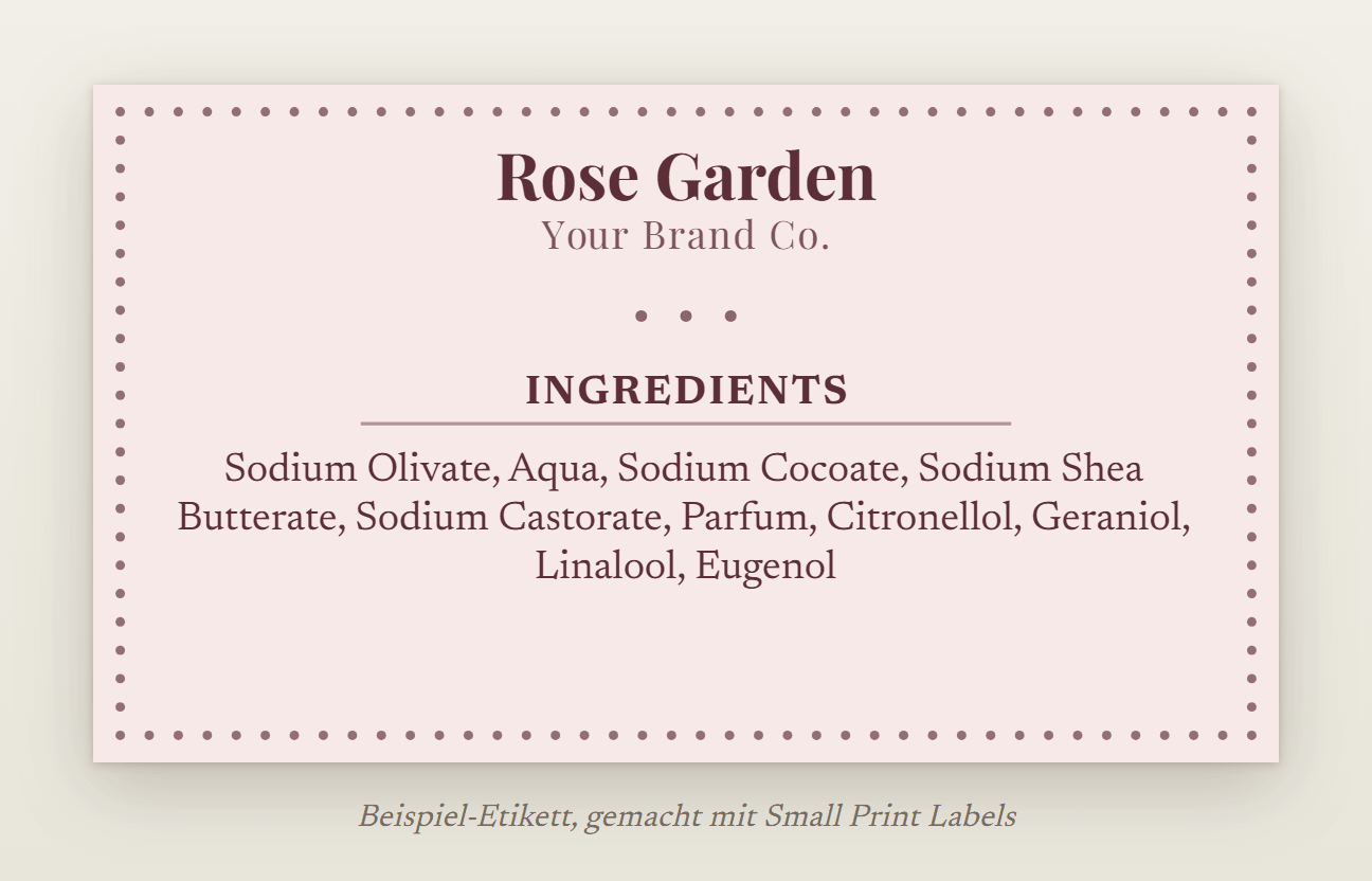 Beispiel-Etikett für eine Seife in Rosé mit Perlenrahmen: Rose Garden und ihre Liste der Bestandteile mit Parfum und vier Duftstoff-Allergenen, 70 × 40 mm