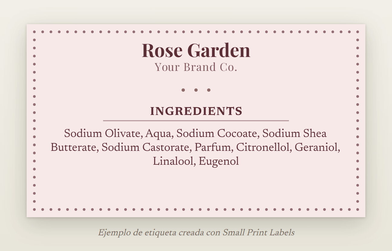 Ejemplo de etiqueta de jabón para el Reino Unido, rosa empolvado con un marco perlado: jabón Rose Garden y su lista de ingredientes con «Parfum» y cuatro alérgenos de fragancias, 70 × 40 mm