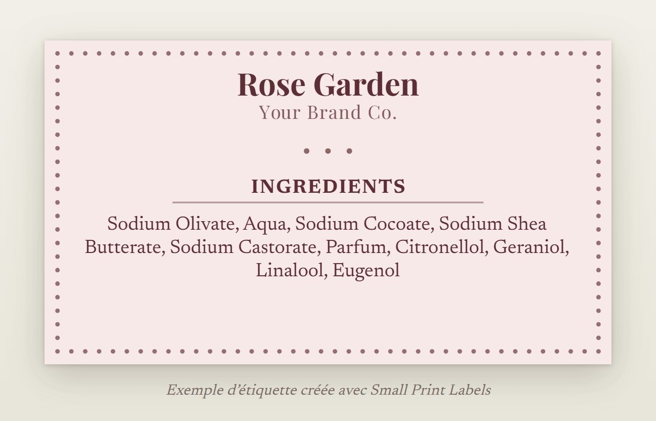 Exemple d'étiquette de savon pour le Royaume-Uni, rose poudré avec un cadre perlé : savon Rose Garden et sa liste des ingrédients avec « Parfum » et quatre allergènes parfumants, 70 × 40 mm