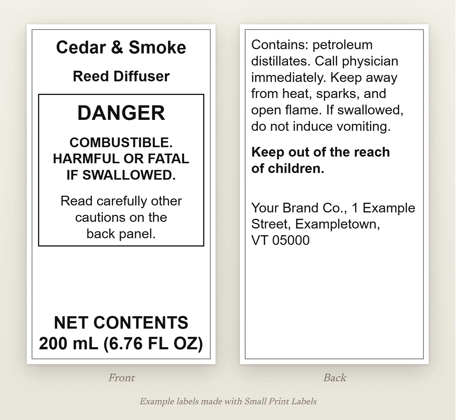 Example US reed diffuser front and back labels: the front with Cedar & Smoke Reed Diffuser, a box with DANGER, COMBUSTIBLE, HARMFUL OR FATAL IF SWALLOWED and Read carefully other cautions on the back panel, and the net contents; the back with Contains: petroleum distillates, Call physician immediately, the precautions, first aid, Keep out of the reach of children and the maker's address, front and back labels, 50 × 90 mm each