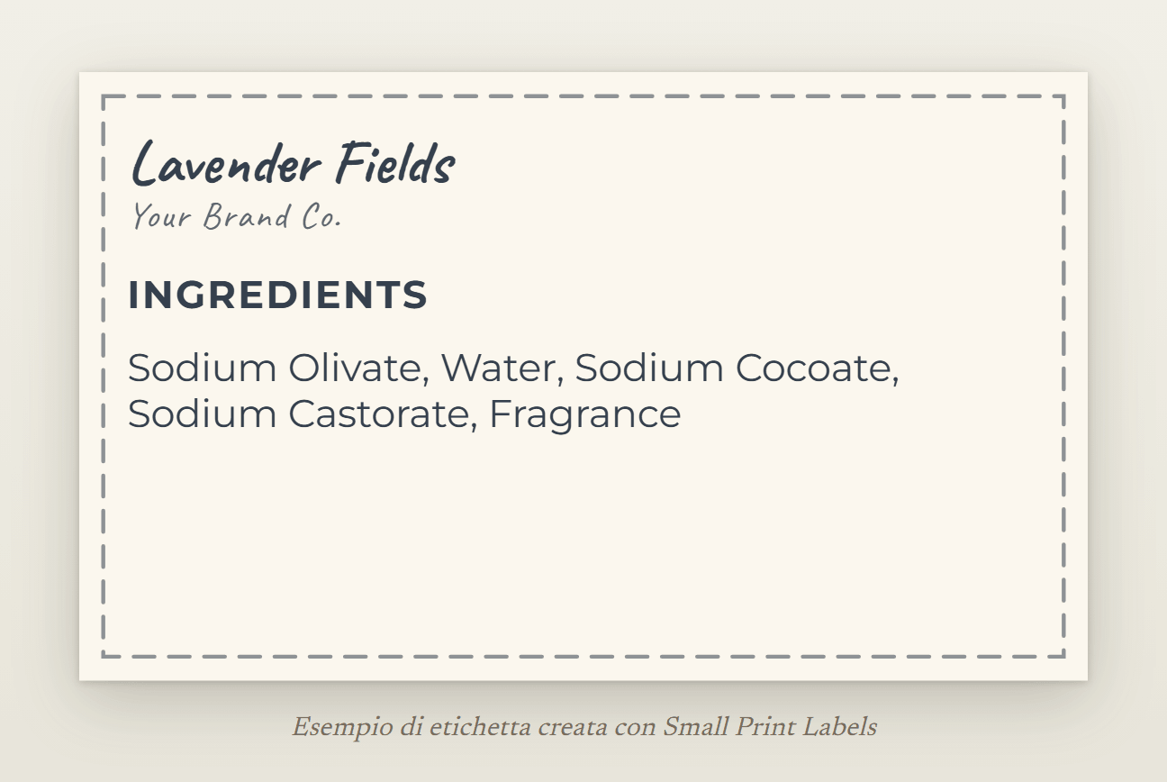 Esempio di etichetta per sapone per gli Stati Uniti, color crema con una cornice a cucitura: sapone Lavender Fields e il suo elenco degli ingredienti con i nomi statunitensi e Fragrance, 63 × 38 mm