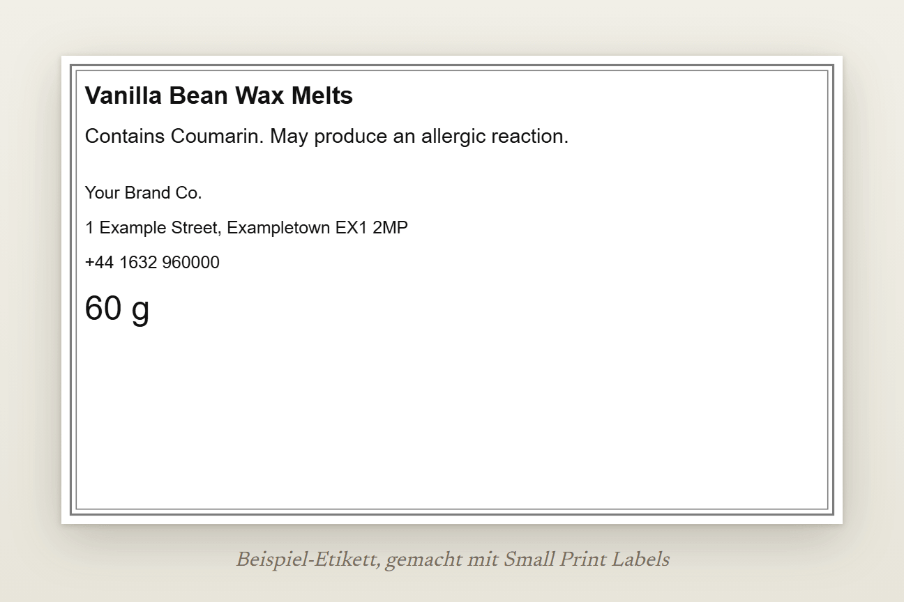 Beispiel-Etikett von Wax Melts für Großbritannien, auf Englisch, ohne Piktogramm: Vanilla Bean Wax Melts, die EUH208-Zeile mit Coumarin und die Angaben eines britischen Lieferanten, 100 × 60 mm