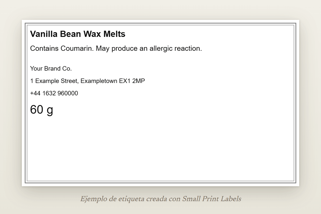 Ejemplo de etiqueta de wax melts para el Reino Unido, en inglés, sin pictograma: Vanilla Bean Wax Melts, la línea EUH208 que indica Coumarin y los datos de un proveedor británico, 100 × 60 mm