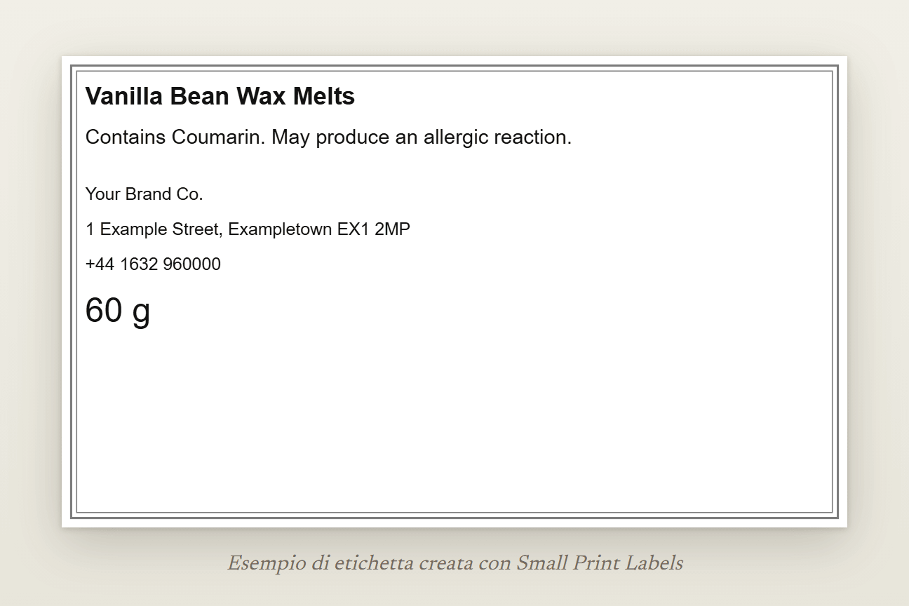 Esempio di etichetta per cere profumate da fondere per il Regno Unito, in inglese, senza pittogramma: Vanilla Bean Wax Melts, la riga EUH208 che indica Coumarin e i dati di un fornitore britannico, 100 × 60 mm