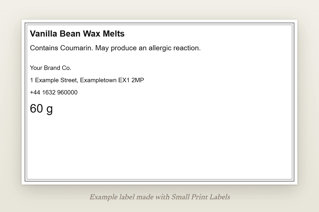 Example UK wax melt label with no pictogram: Vanilla Bean Wax Melts, the EUH208 line naming coumarin and a UK supplier's details, 100 × 60 mm