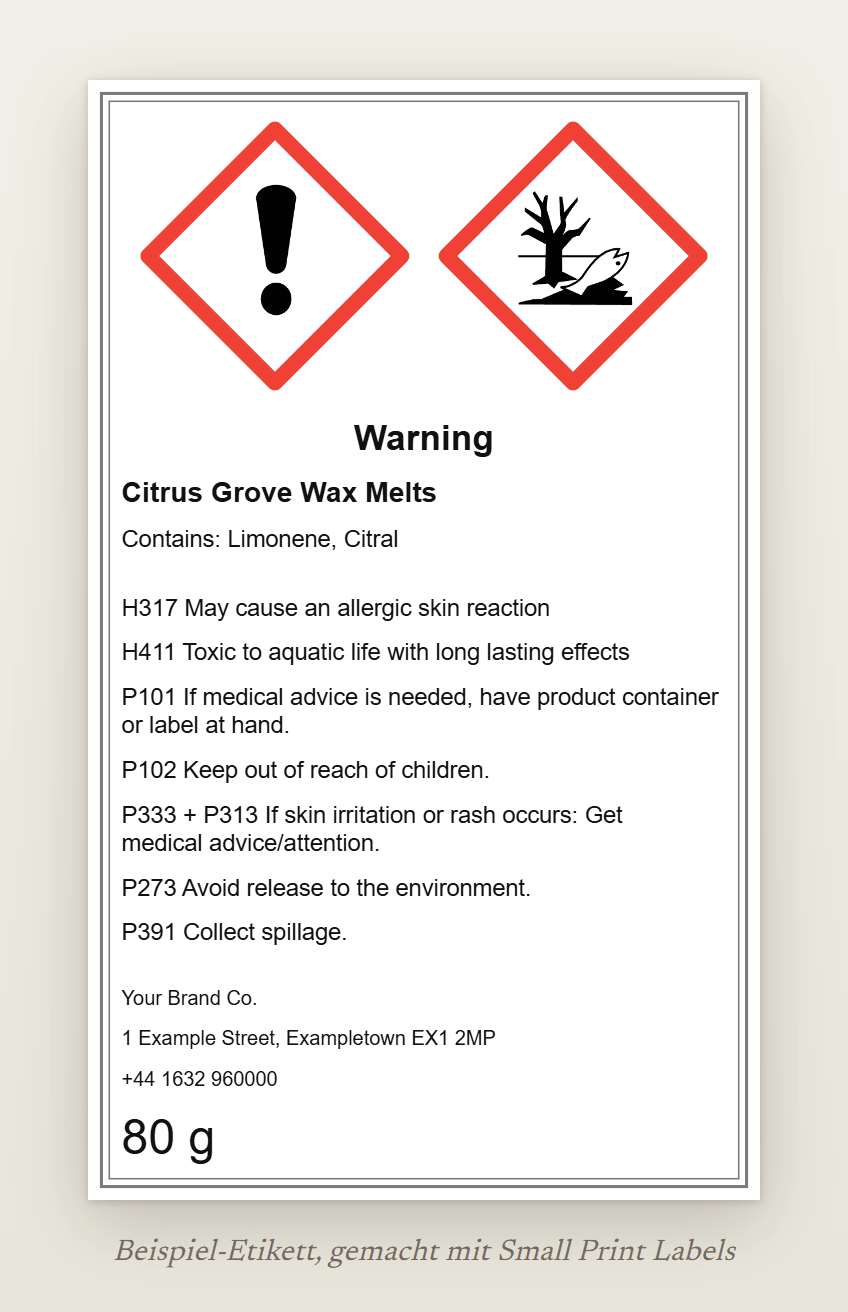 Beispiel-Etikett von Wax Melts für Großbritannien, auf Englisch, mit den Piktogrammen GHS07 und GHS09 und dem Signalwort Warning: Citrus Grove Wax Melts, Contains: Limonene, Citral, H317 und H411, fünf Sicherheitshinweise und ein britischer Lieferant, 60 × 100 mm