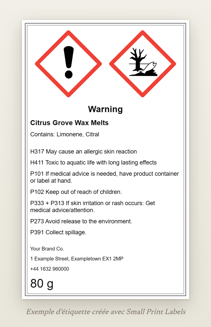 Exemple d'étiquette de fondants parfumés pour le Royaume-Uni, en anglais, avec les pictogrammes SGH07 et SGH09 et la mention d'avertissement Warning : Citrus Grove Wax Melts, Contains: Limonene, Citral, H317 et H411, cinq conseils de prudence et un fournisseur britannique, 60 × 100 mm