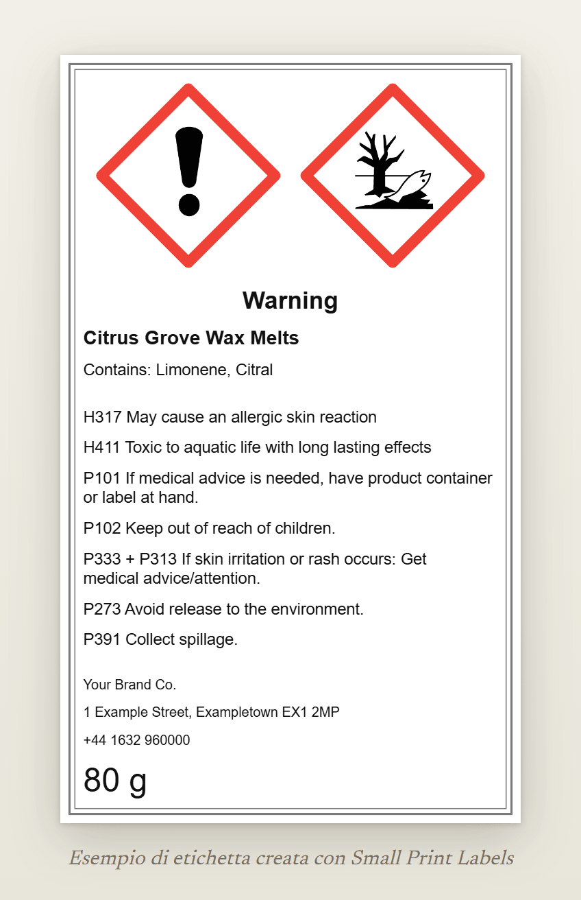 Esempio di etichetta per cere profumate da fondere per il Regno Unito, in inglese, con i pittogrammi GHS07 e GHS09 e l'avvertenza Warning: Citrus Grove Wax Melts, Contains: Limonene, Citral, H317 e H411, cinque consigli di prudenza e un fornitore britannico, 60 × 100 mm