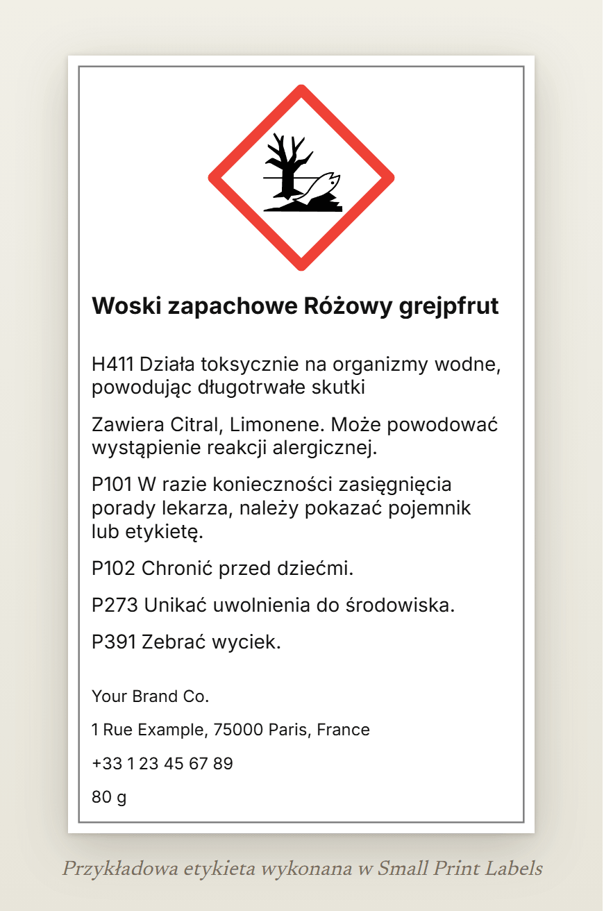 Przykładowa etykieta wosków zapachowych: piktogram GHS09 (środowisko), „Woski zapachowe Różowy grejpfrut”, H411, wiersz EUH208 wymieniający Citral i Limonene, cztery zwroty wskazujące środki ostrożności i dane dostawcy, 60 × 100 mm