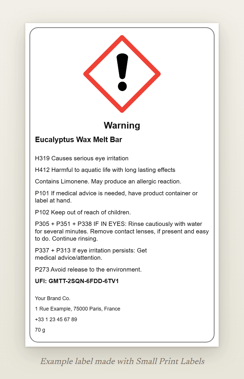 Example wax melt bar label with the GHS07 exclamation mark and the signal word Warning: Eucalyptus Wax Melt Bar, H319 and H412, the EUH208 line, five precautionary statements, a UFI and the supplier details, 60 × 100 mm
